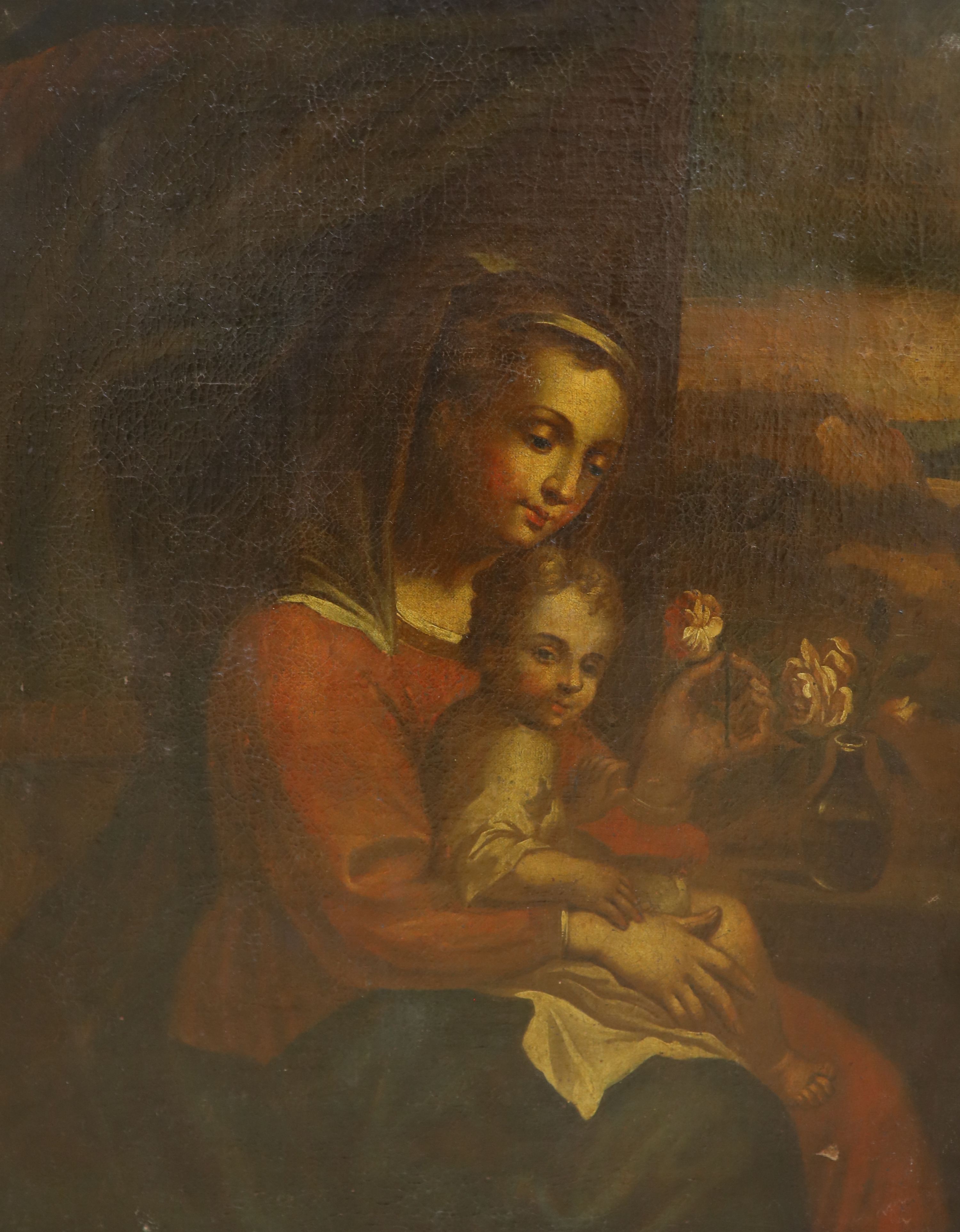 19th century Continental School, Madonna and child, oil on canvas, unframed, 65 x 52cm